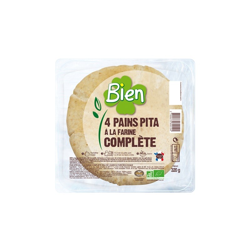 Un Monde vegan vous propose : 4 pains pita farine complète 320g - bio