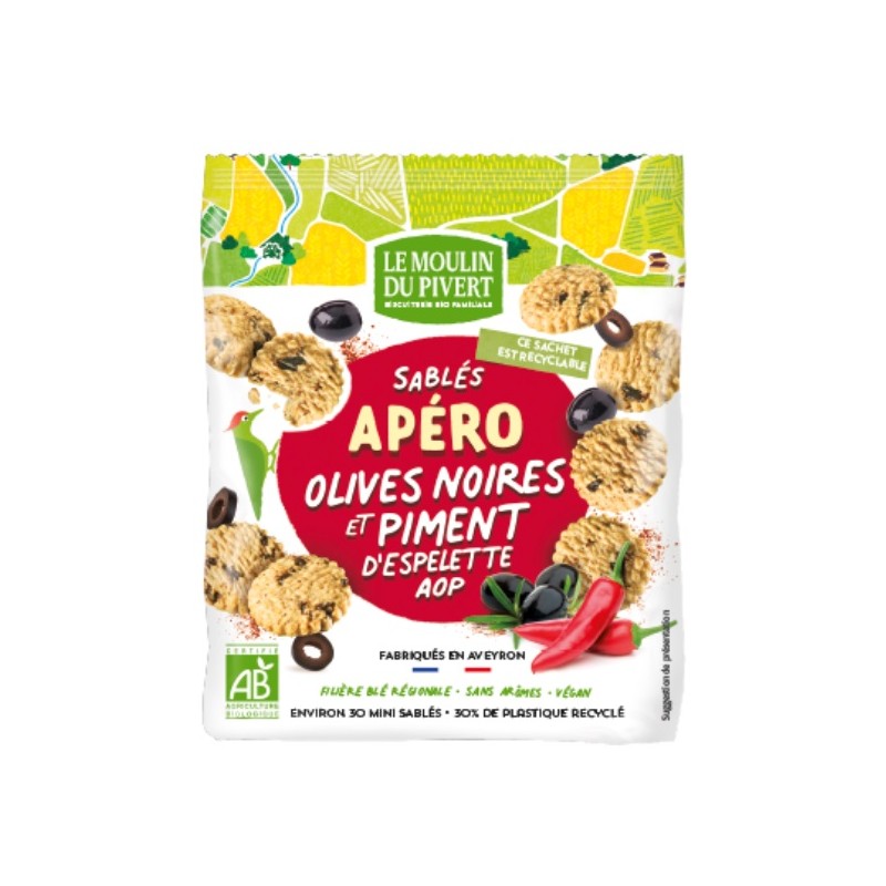 Un Monde Vegan vous propose : Sablé apéro olives noires et piment d'Espelette 100g - bio
